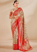 Tissue Silk Bright Red Festival Wear Printed Saree